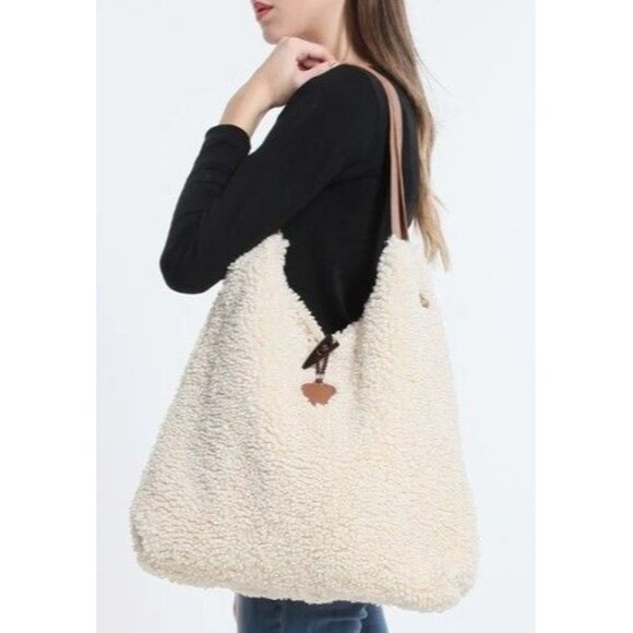 Plushy Leather Womens Hobo Bag Sherpa Cream Brown Gold Accents Made in Italy - Picture 2 of 16